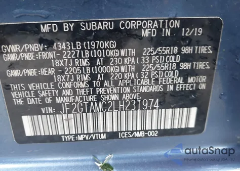 2020 Subaru Crosstrek Limited z USA, uszkodzony, nr VIN JF2GTAMC2LH231974